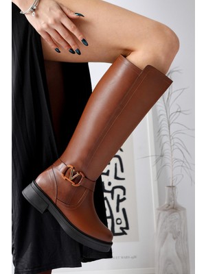 Ginan Taba Toka Detaylı Kısa Topuklu Fermuarlı Çizme