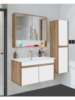 Serena Ea 100 cm Seramik Lavabolu Banyo Dolabı Seti, Boy Dolaplı, Mdf, 100+35 Cm, Hazır Kurulu