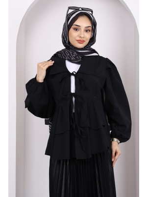 Siyah Ön Bağlamalı Katlı Kimono