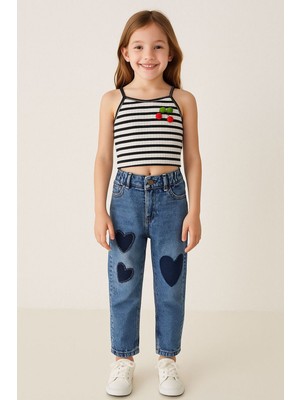 Miniğimin Cicileri Kalp Gölge Desenli Kız Çocuk Boru Paça kot pantolon - Mavi