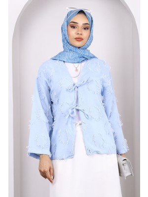Mavi Ön Bağlamalı Püsküllü Kimono