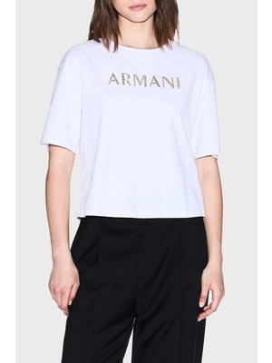 Armani Exchange % 100 Pamuk Cropped Fit Bisiklet Yaka Logolu T Shirt Bayan T Shirt XW001364 AF15085 U0002