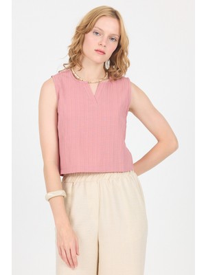 Gül V Yaka Kolsuz Crop Bluz 8027