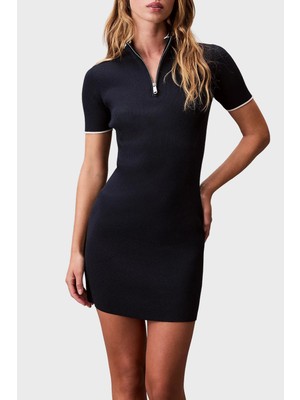 Calvin Klein Fitilli Slim Fit Yarım Fermuarlı Dik Yaka Mini Boy Elbise LV044C330GCEF Bayan Elbise LV044C330G Cef