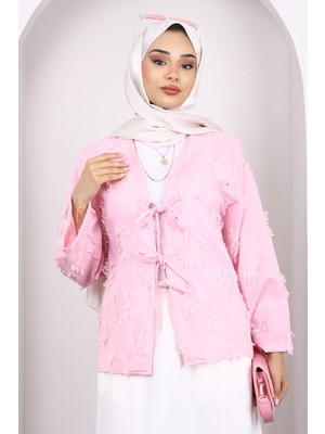Pembe Ön Bağlamalı Püsküllü Kimono