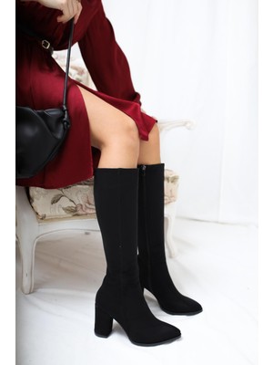 Limoya Tatum Siyah Süet Orta Topuklu Sivri Burunlu Çizme 40 Numara Şık Tasarım ve Konfor