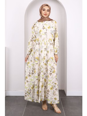 Krem Yarım Düğmeli Eteği Katlı Desenli Elbise
