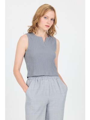 Gri V Yaka Kolsuz Crop Bluz 8027