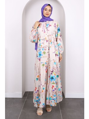 Turkuaz Yarım Düğmeli Eteği Katlı Desenli Elbise