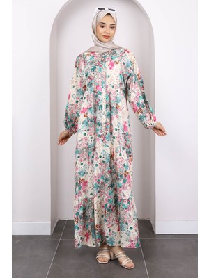 Petrol Yeşili Yarım Düğmeli Eteği Katlı Desenli Elbise