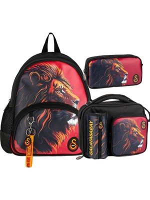 Galatasaray 2 Bölmeli Aslan Suni Deri Anaokulu Çantası + Beslenme Çantası + Kalemlik