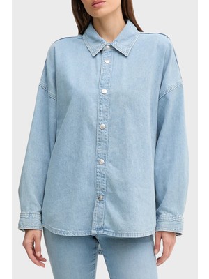 Calvin Klein Pamuk ve Keten Karışımlı Regular Fit Uzun Kollu Kot Gömlek LV047C709GX1O Bayan Gömlek LV047C709G X1O