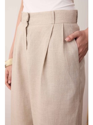 Pileli Basic Keten Pantolon Sedef