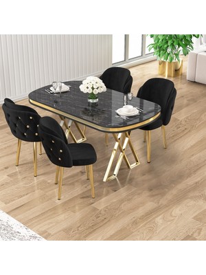 Zae Serisi 90X168 Lak Panel Siyah Mermer Desen Gold Ayak Masa Takımı 4 Siyah Sandalye