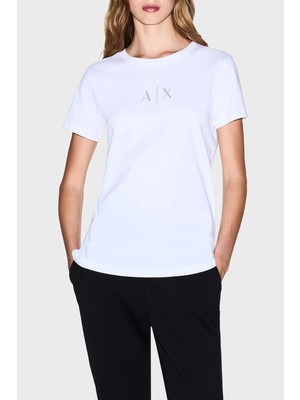 Armani Exchange Taşlı Logo Detaylı Pamuklu Regular Fit Bisiklet Yaka T Shirt Bayan T Shirt XW001459 AF10356 U0002