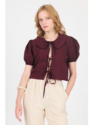 Bordo Bağlama Detaylı Bebe Yaka Crop Bluz 8064