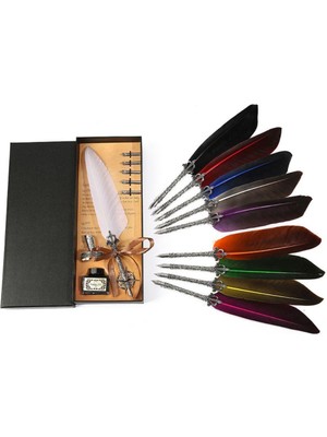 Tüy Divit Antik Kaligrafi Kalem Mürekkep Seti ve 5 Farklı Uç 27 cm  Beyaz