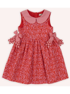 Kız Bebek Yaka Detaylı Eteği Volanlı Aplike Detaylı Desenli Nar Elbise