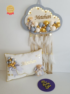 BL Baby Lüks Bubble Ledli Bulut Bebek Kapı Süsü ve Yastık Gri Kenar Krem Zemin