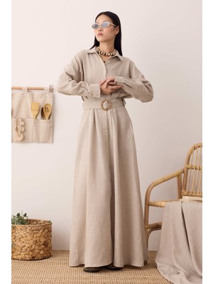 Keten Uzun Pileli Elbise Sedef