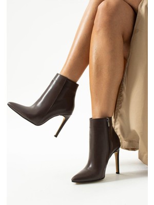 Golden Heel 10,5 cm Kahve Cilt Sivri Burun Kadın Topuklu Bot 8620