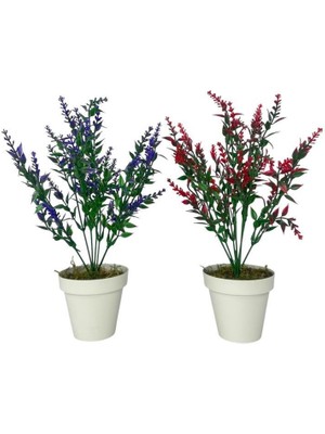 Yapay Çiçek Krem Saksıda 2 Adet Lavanta Mor ve Kırmızı Renk 28CM