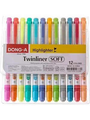Dong-A Twinliner Çift Taraflı Fosforlu Kalem, Ince ve Geniş Uçlar, 12 Renk Seti