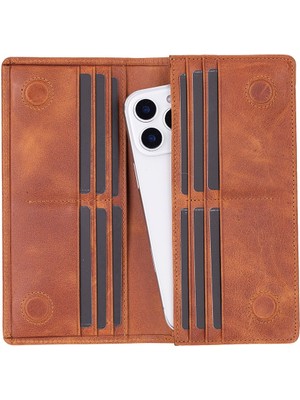 Aura Hakiki Deri, El Yapımı, Telefon Bölmeli, Kadın Cüzdanı, Karamel