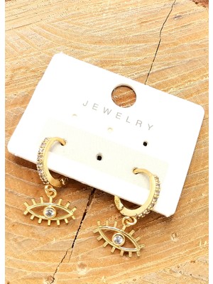 Gold Renk Figürlü Üçlü Zirkon Taşlı Lüks Küpe