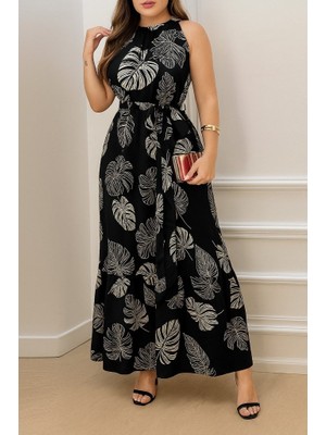 Arben Boutique Kadın Sıfır Kok Bağcıklı Kemerli Etek Ucu Fırfırlı Desenli Süprem Elbise