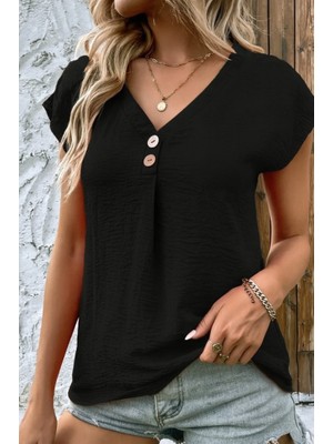 Arben Boutique Kadın Kısa Kollu V Yakalı Düğmeli Keten Bluz