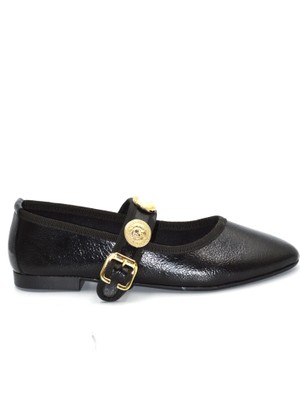 Kadın Rugan Siyah Kemerli Tokalı Günlük Babet