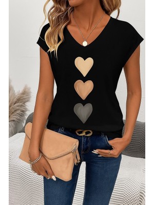 Aisha Elbise Kadın Kısa Kollu V Yakalı Kalp Desen Viskon Bluz