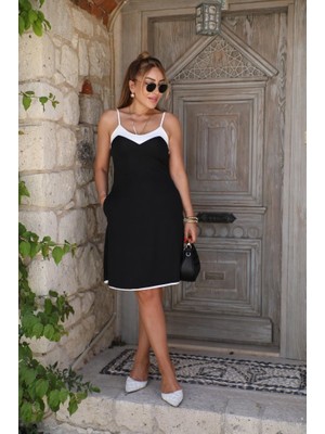 Passense Kadın Ip Askılı Geniş V Yakalı Çift Renkli Janjan Krep Elbise