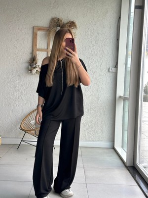Arben Boutique Kadın Tek Omuzdan Açık Geniş Kesim Viskon Iki Iplik Bluz ve Pantolon Ikili Takım