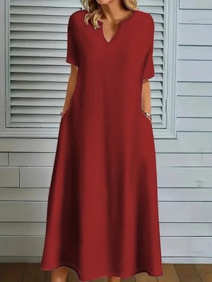 Passense Kadın Kısa Kollu V Yakalı Cep Detaylı Uzun Janjan Krep Elbise