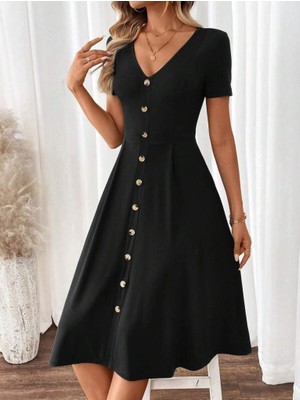 Alinn Butikk Kadın Kısa Kollu V Yakalı Önden Düğmeli A Kesim Dokuma Elbise