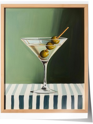 Zestia Çerçevesiz Poster, Martini Bardağı, Zeytinli ve Yeşil Arka Plan, Realist Stil Poster No: 107095