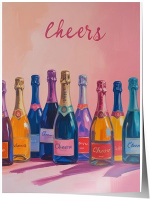 Zestia Çerçevesiz Poster, Şampanya Şişeleri, Cheers Yazısı ile Pastel Arka Plan Poster No: 107500