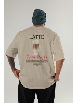 Latte Kokteyl Baskılı Oversize T-Shirt Erkek Kadın %100 Pamuk Bisiklet Yaka Tişort