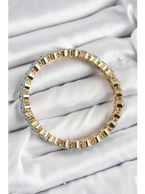 Zarif Kadın Için Golden Pirinç Zirkonlu Turkuaz Nazarlıklı Lastikli Bileklik