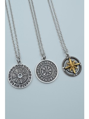 3'lü Viking Pusula Tılsım Kutup Yıldızlı Pusula Gümüş Kaplama Kolye Seti