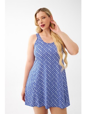 Moda Serdem  Kadın Mavi Desenli Büyük Beden Elbise Mayo
