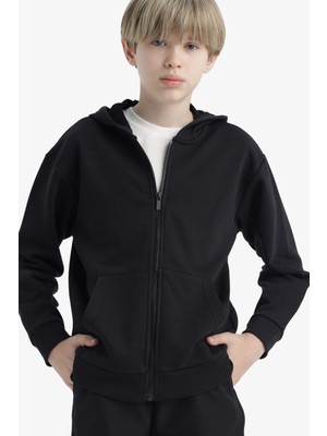 DeFacto Basic Düz Kapüşonlu Okul Fermuarlı Sweatshirt Erkek Çocuk E9575A825AU