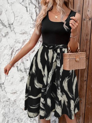 Kadın Askılı Yuvarlak Yakalı Belden Kuşaklı Zikzak Desenli Süprem Elbise