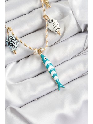 Seramik Motifli Balık Figürlü Model Krem Ip Kadın Kolye