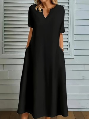 La Mode Istanbul Kadın Kısa Kollu V Yakalı Cep Detaylı Uzun Janjan Krep Elbise