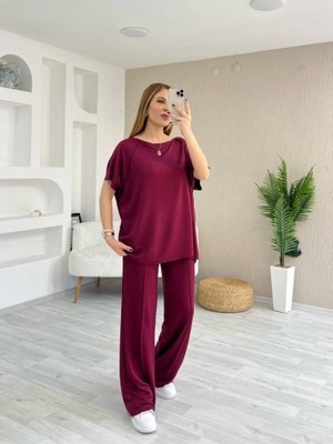 Arben Boutique Kadın Kısa Kollu Kayık Yakalı Dikiş Izi Detaylı Viskon Iki Iplik Bluz ve Pantolon Ikili Takım
