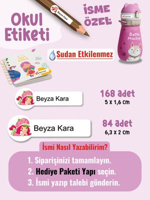 Okul Etiketi SUDAN ETKİLENMEZ,, Kalem, Defter, Etiketi Çilek Kız Temalı Özel Isim Yazılabilen Etiket - 252ADET