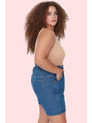 Kadın Denim Şort Yüksek Bel Geniş Paça Cepli Pamuk Yazlık Günlük Kullanım Kaliteli Malzeme